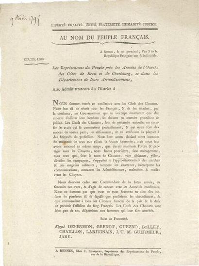 null Vendée Affiche, et circulaire imprimée, sd et 1795 ; 46 x 39 cm (rognée dans...