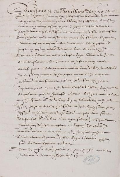 null Venise Manuscrit, 1478 (copie du XVIe siècle) ; 3 pages et demie in-fol, cachet...