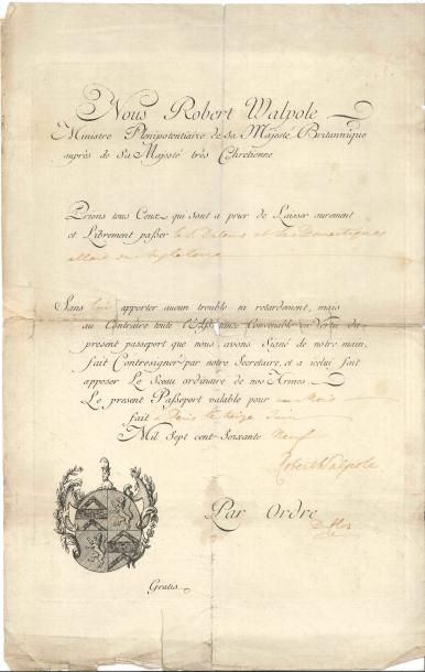 null Robert WALPOLE (1676-1745) homme d’État anglais PS, Paris 13 juin 1769 ; 1 page...