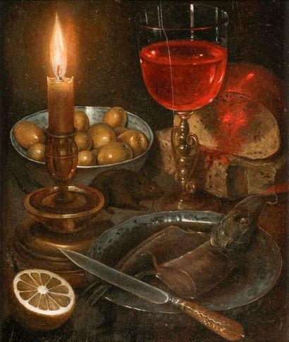 null Gottfried de WEDIG 
(Cologne 1583-1641)
Nature Morte aux olives, miche de pain,...