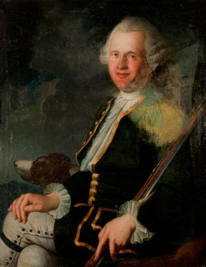 null École FRANÇAISE vers 1770
Portrait d’un chasseur et son chien 
Sur sa toile...