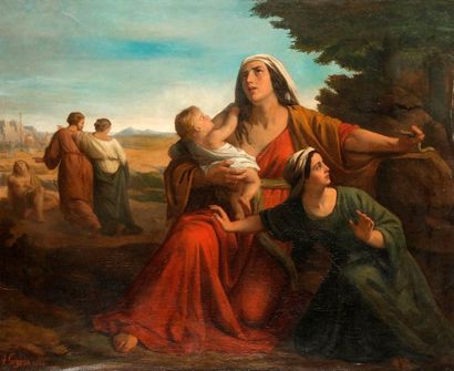 null Antoine GOYERS 
(Malines 1829 - Douvres1869)
Une mère protège ses enfants du...