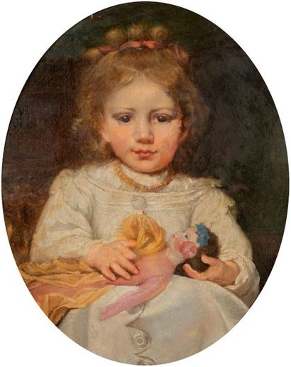 null École FRANCAISE vers 1850
Petite fille à la poupée 
Toile ovale 
53,5 x 43 cm
Restaurations...