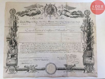 null Deux brevets d’époque Restauration sur vélin : 
- Brevet de chevalier, au nom...
