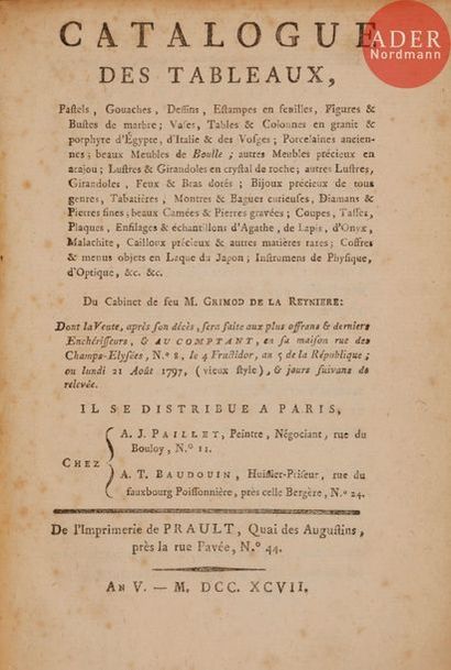null [GRIMOD DE LA REYNIÈRE (Laurent)].
Catalogue des tableaux, Pastels, Gouaches,...