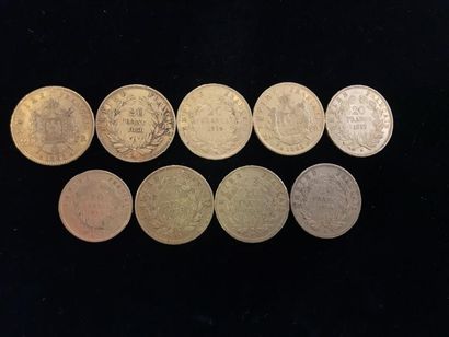 null Lot de 9 pièces en or : - 8 pièces de 20 Francs en or. Type Napoléon III - 1...