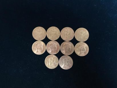 null 10 pièces de 20 Francs en or : - 4 pièces Type Coq - 6 pièces Type Génie

Frais...