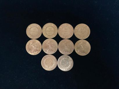 null 10 pièces de 20 Francs en or : - 4 pièces Type Coq - 6 pièces Type Génie

Frais...