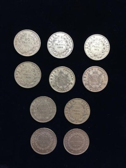 null 10 pièces de 20 Francs or : - 6 pièces Type Napoléon III non lauré - 2 pièces...