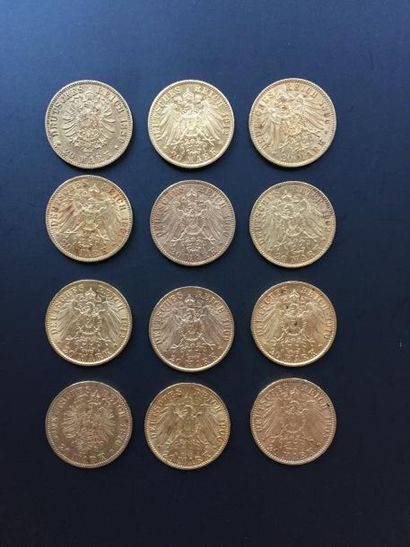 null 12 pièces de 20 Reichmark en or. - 10 pièces Type Guillaume II - 1 pièce Type...
