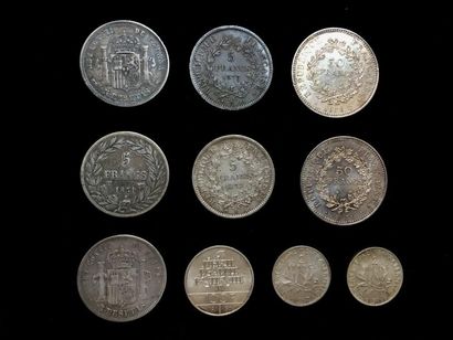 null Lot de 10 pièces en argent. - 2 pièces 5 Pesetas - 1889 et 1892 - 1 pièce 5...