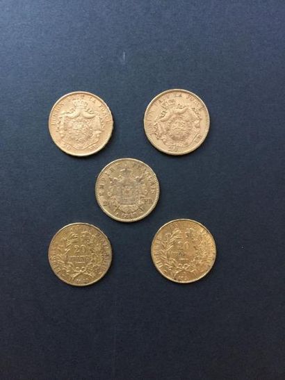 null 5 pièces de 20 Francs en or : - 1 Napoléon III Lauré - 2 Cérès. 1849 A - 1851...