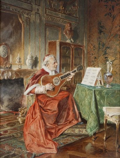 Bernard Louis BORIONE (1865-?) Cardinal à la guitare.Aquarelle..Signée en bas à droite..36...