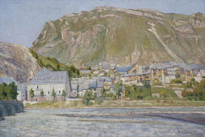 Auguste-Michel COLLE (1872-1949) Vue de Montmélian, Savoie, 1911.Huile sur toile..Signée,...