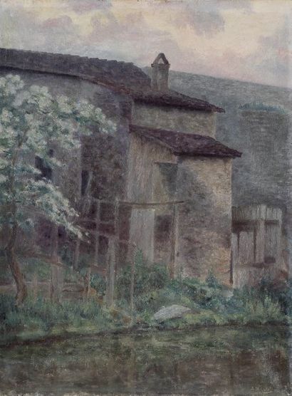 Auguste-Michel COLLE (1872-1949) Soir d'orage, vieilles maisons, 1900.Huile sur toile..Signée...