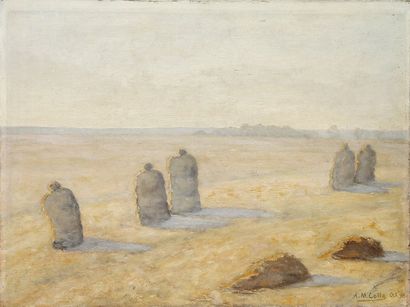 Auguste-Michel COLLE (1872-1949) Les meules de foin, octobre 1898.Huile sur toile..Signée...