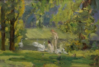 Henry FARRE (1871-1934) Baigneuses sur un étang animé de cygnes, 1910.Huile sur bois..Monogrammé...
