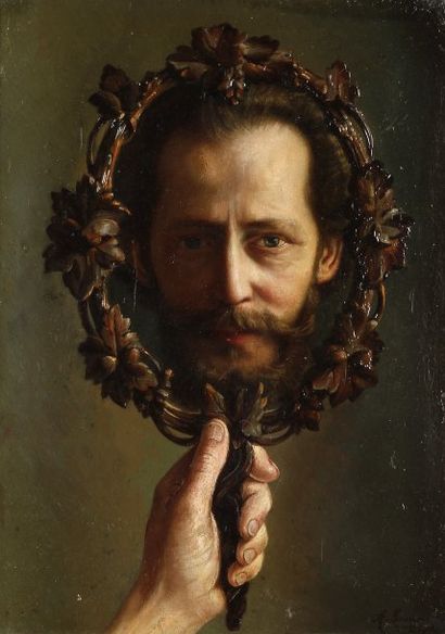 Alesco MOUYSSET Portrait au miroir, 1908.Huile sur panneau..Signée et datée III 1908...