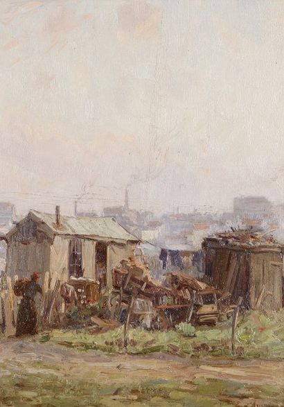 Eugène D'ARGENCE (1853-1920) Les masures. .Huile sur toile marouflée sur carton....