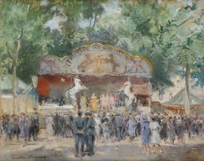 Gustave DENNERY (1863 - ?) Scène de fête foraine.Aquarelle gouachée .Signée en bas...