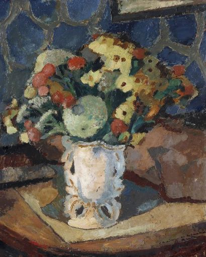 Ernest VENTRILLON (1884-1953) Nature morte au bouquet de fleurs, 1928.Huile sur carton..Signée,...