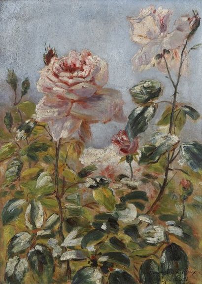 Antoine GATTI (né vers 1852) Roses.Huile sur toile..Signée et dédicacée en bas à...