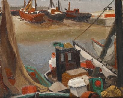 Robert LOTIRON (1886-1966) Les bateaux.Huile sur toile..Signée en bas à gauche..33...