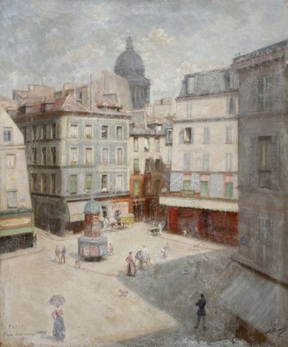 ECOLE FRANCAISE DU XIXe SIECLE Place de la Contrescarpe, 1894.Huile sur toile..Porte...