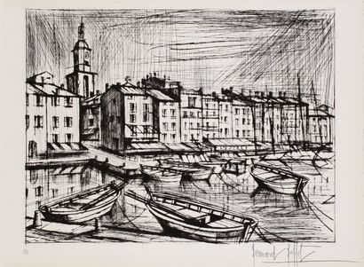 Bernard Buffet (1928-1999) Port de Saint-Tropez. 1978. Pointe sèche. 642 x 490. Cat....