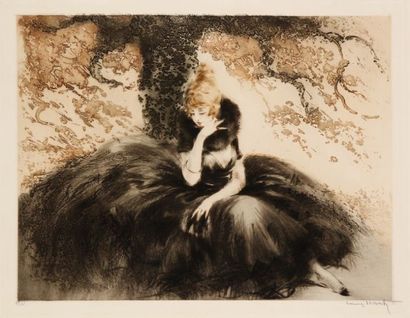 Louis Icart (1888-1950) [Femme sous un arbre en automne]. Pointe sèche et aquatinte....
