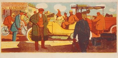 Georges Lepape (1887-1971) L'Automobile au ravitaillement. 1906. Eau-forte et aquatinte....