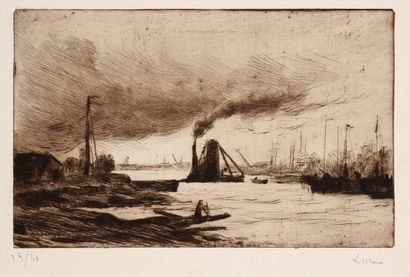 Maximilien Luce (1858-1941) Remorqueur à Rotterdam. Vers 1895-1900. Pointe sèche....