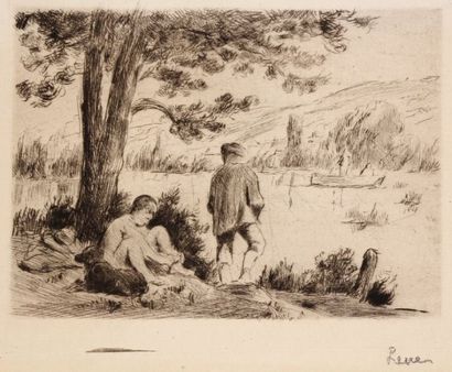 Maximilien Luce (1858-1941) Bords de la Cure, deux enfants et un chien sous les arbres....