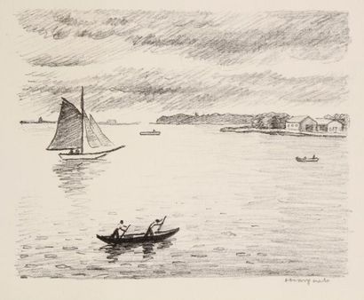 Albert Marquet (1875-1947) [Vue d'une baie avec barque aux deux rameurs et voilier...