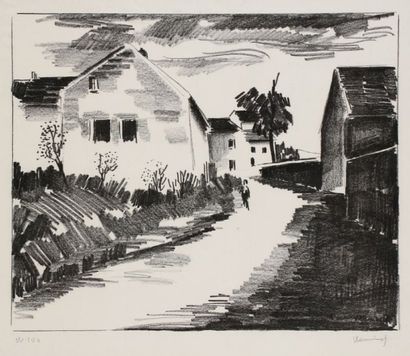 Maurice de Vlaminck (1876-1958) La Route de Nesles. 1921. Lithographie. 460 x 380....