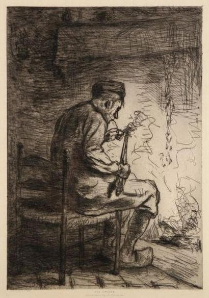 ISRAELS Jozef (1824-1911) Le fumeur Eau-forte originale. Signée dans la planche....