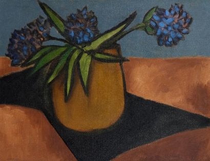 Pierre VAN POUCKE (1920-1983) Fleurs dans un vase, vers 1950. Huile sur toile. Cachet...