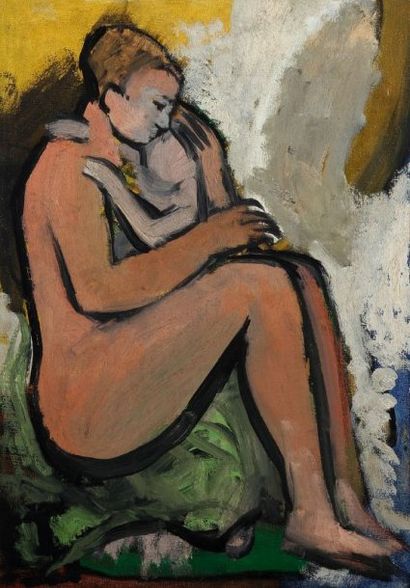 Pierre VAN POUCKE (1920-1983) Femme à l'enfant, vers 1950. Huile sur toile. Cachet...