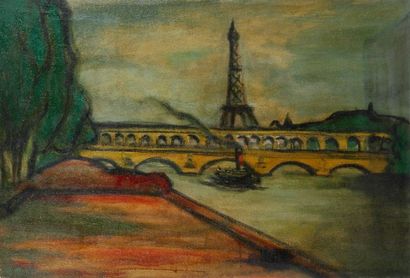 Pierre VAN POUCKE (1920-1983) Pont du Point du Jour, vers 1955. Huile sur toile....