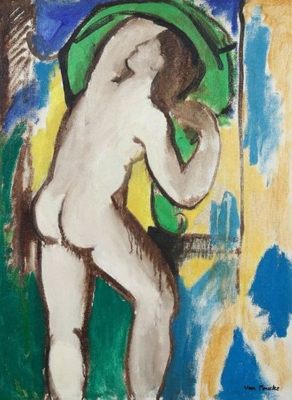 Pierre VAN POUCKE (1920-1983) Nu au drap vert, vers 1958. Huile sur toile. Signée...
