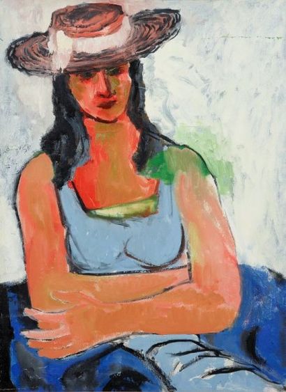 Pierre VAN POUCKE (1920-1983) Femme au chapeau, vers 1958. Huile sur toile. Cachet...