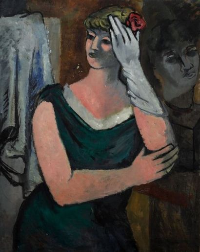 Pierre VAN POUCKE (1920-1983) Jeune fille à la rose, vers 1950. Huile sur toile....