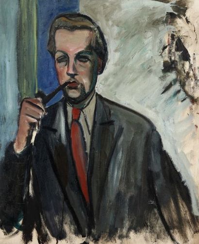 Pierre VAN POUCKE (1920-1983) Autoportrait à la pipe, vers 1950. Huile sur toile....