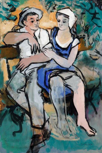 Pierre VAN POUCKE (1920-1983) Couple assis, vers 1960. Technique mixte sur papier....