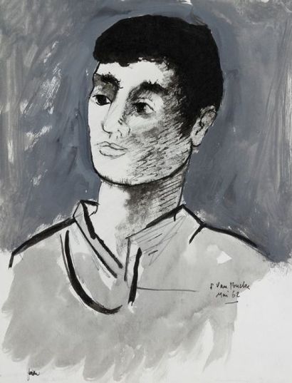 Pierre VAN POUCKE (1920-1983) Portrait de jeune homme, 1962. Technique mixte sur...