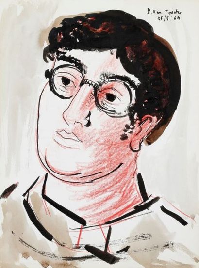 Pierre VAN POUCKE (1920-1983) Portrait d'hommes aux lunettes, 1964. Technique mixte...