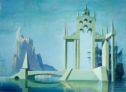 Paul MANTES (1921-2004) Paysage fantastique. Huile sur toile. 60 x 81 cm 