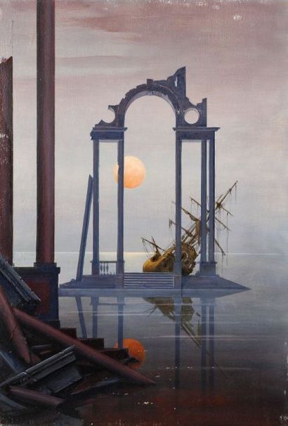 Paul MANTES (1921-2004) Paysage fantastique. Huile sur panneau. 73 x 50 cm 