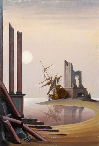 Paul MANTES (1921-2004) Paysage fantastique aux bâteau échoué. Huile sur panneau....