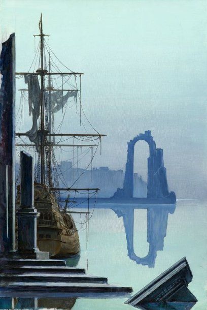 Paul MANTES (1921-2004) Port imaginaire à l'arche bleu. Huile sur toile. 55 x 38...
